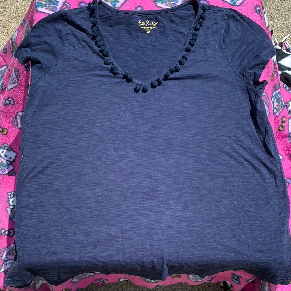 Lilly Pulitzer XL Navy Pom-Pom Trim Tee
